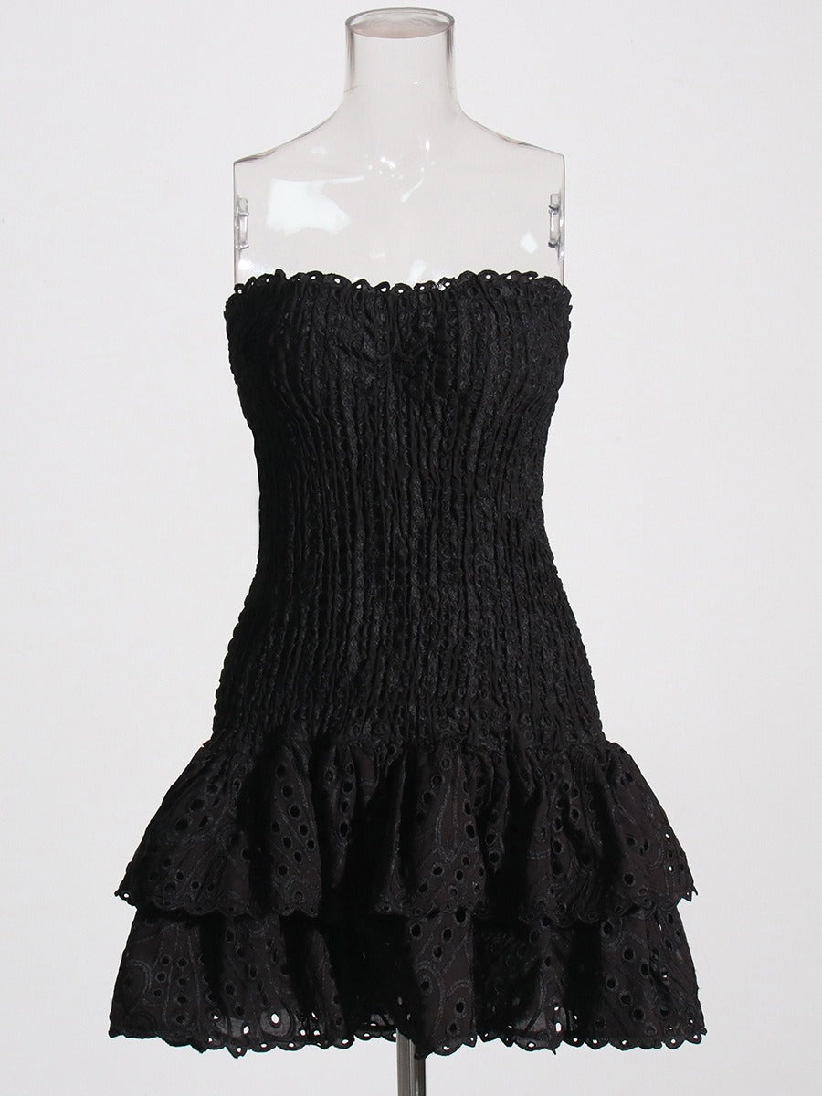 Embroidery Dress For Women Strapless Sleeveless High Waist Patchwork Folds Slimming Dresses