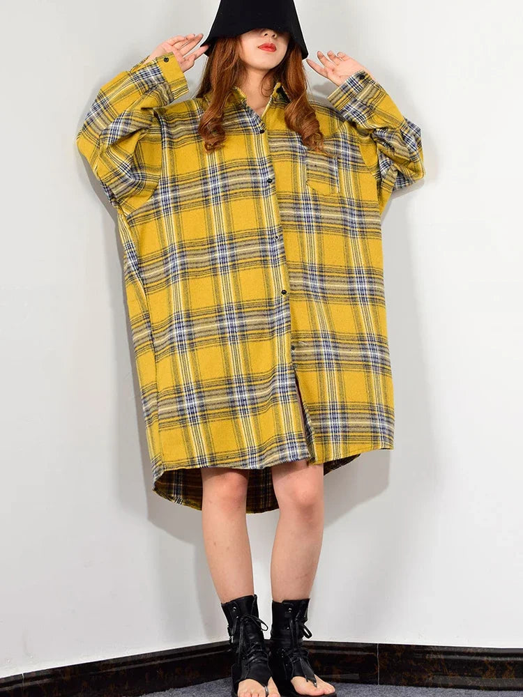 Plaid Casual Single Breasted Long Blouses Women Autumn Loose Fashion Tide Turn Down Collar Long Sleeve