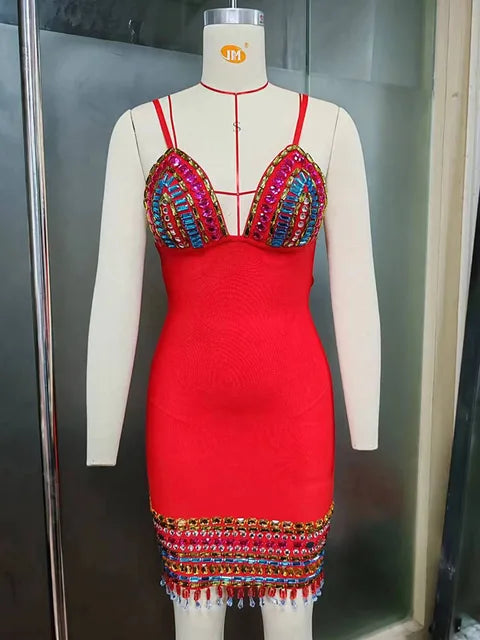 Sexy Strap V Neck Colorful Crystal Bandage Dress Women Black Sleeveless Diamonds Bodycon Dresses Nightclub Party Evening Gowns