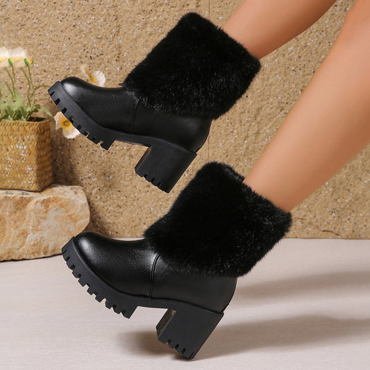 Fashion Winter Snow Boots Women's High Heel Short Boots with Thick Fleece Lining Warm Cotton Boots with Thick Chunky Heel Slip-Resistant Women's Boots