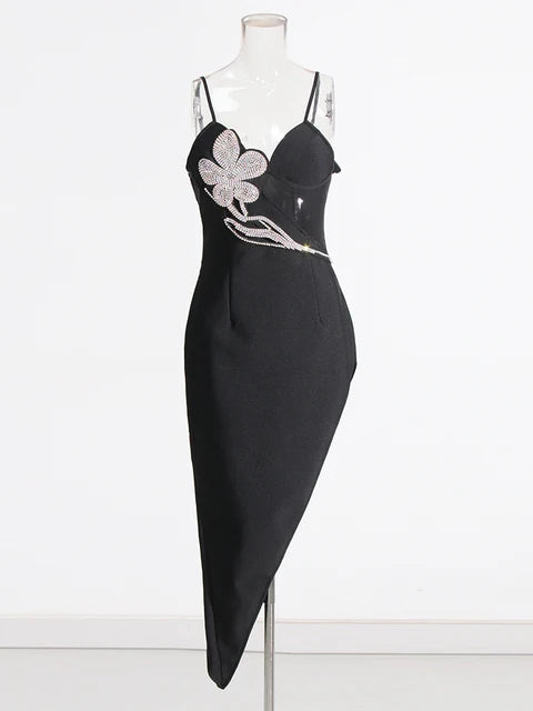 Solid Patchwork Diamonds Slimming Sexy Dresses For Women Square Collar Sleeveless High Waist Irregular Dress Female