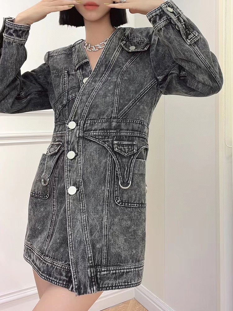 Denim Slim Dress For Women V Neck Long Sleeve High Waist Solid Mini Dresses Female Autumn Clothing Style New
