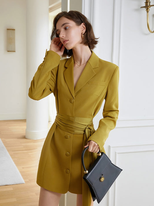 Women Yellow Belted Elegant Blazer Dress