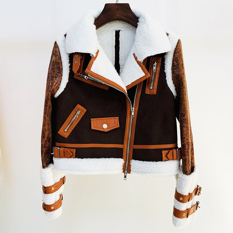 Fashion Women's Deerskin Suede Panel Cropped Jackets Lapel Diagonal Zipper Thick Lamb Wool Coat Winter New