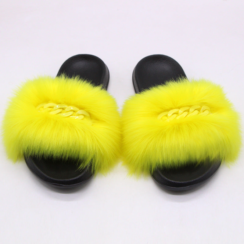 Faux Fox Fur Plush Flip-Flop Sandals for Women