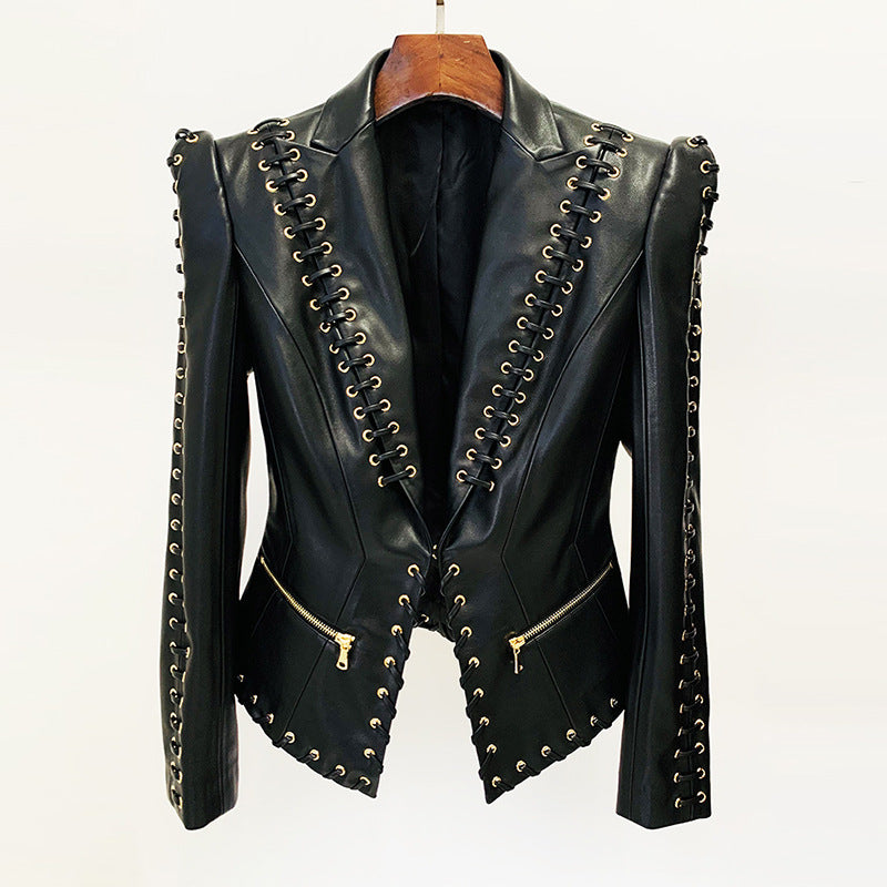 European and American celebrity fashion heavy industry chicken eye tie rope slim fit leather jacket suit jacket jacket