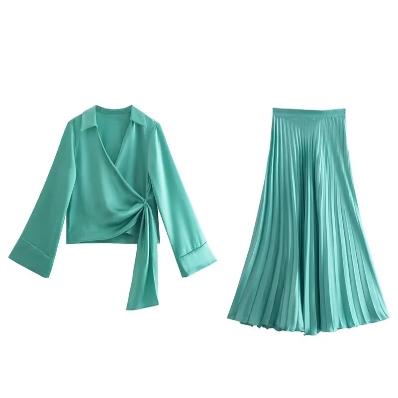 Silk Satin Pleated Skirt Tops Set