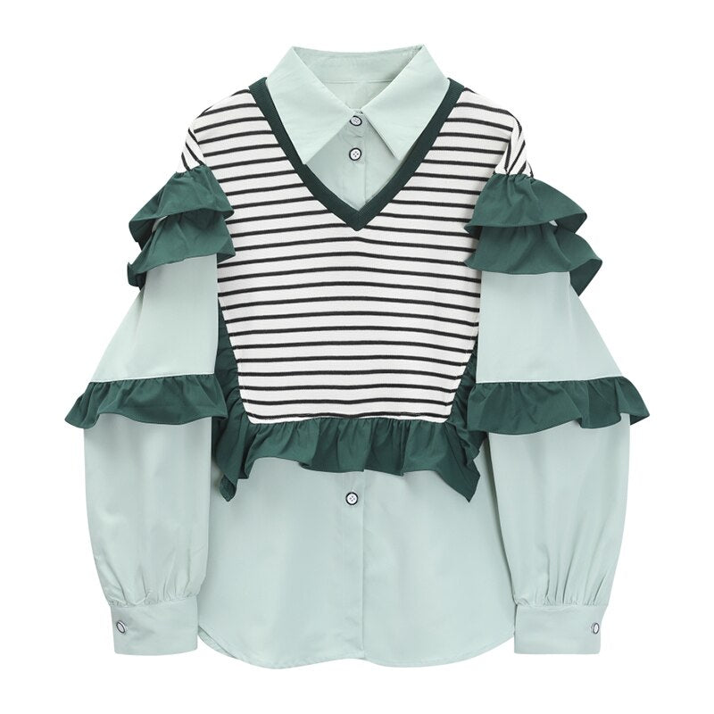 Women's Shirt Chic Vintage Blouses Casual Polo-Neck Long Sleeve Loose Female Striped Patchwork Blouses Fake Two Pieces