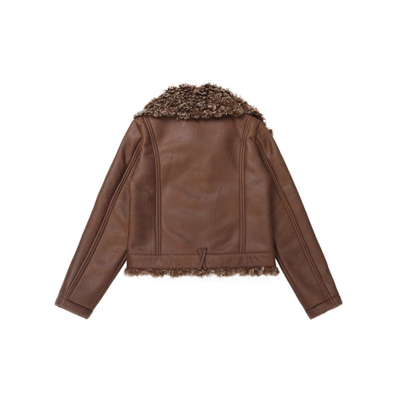 Collar Turn-Down Lapel Biker Leather Jacket with Lining Women's Thick Warm Coat
