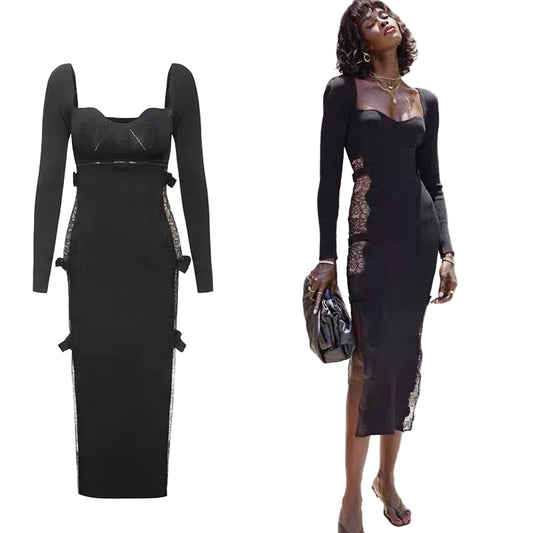 Runway Designer Black Patchwork Lace Hollow Out Women Dresses For Women Black Sweetheart Neck Slimy Knitting Dress Party