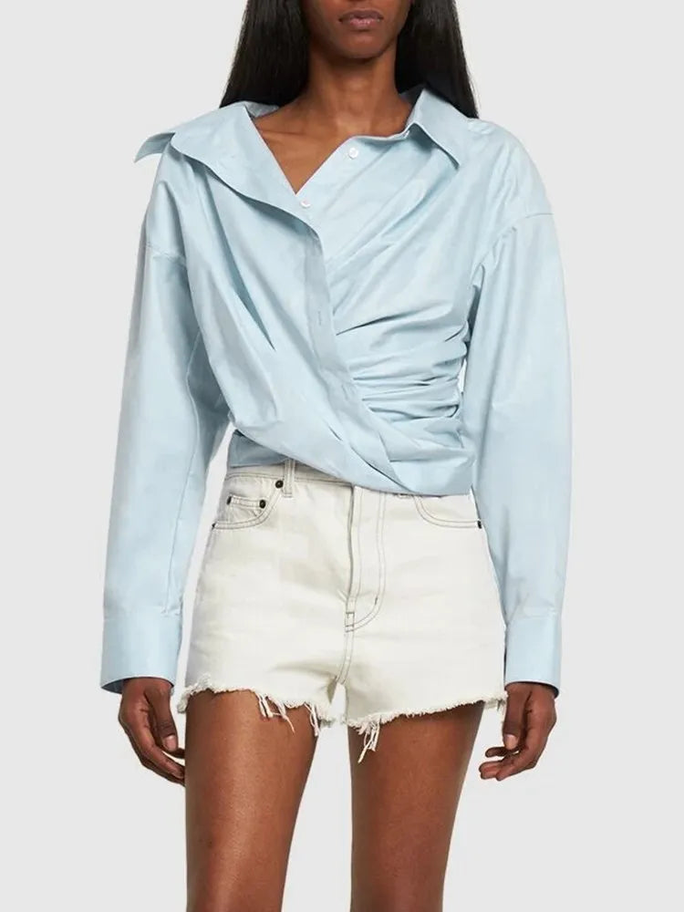 Solid Casual Patchwork Button Blouse For Women Lapel Long Sleeve Irregular Designer Blouses Female Fashion Style