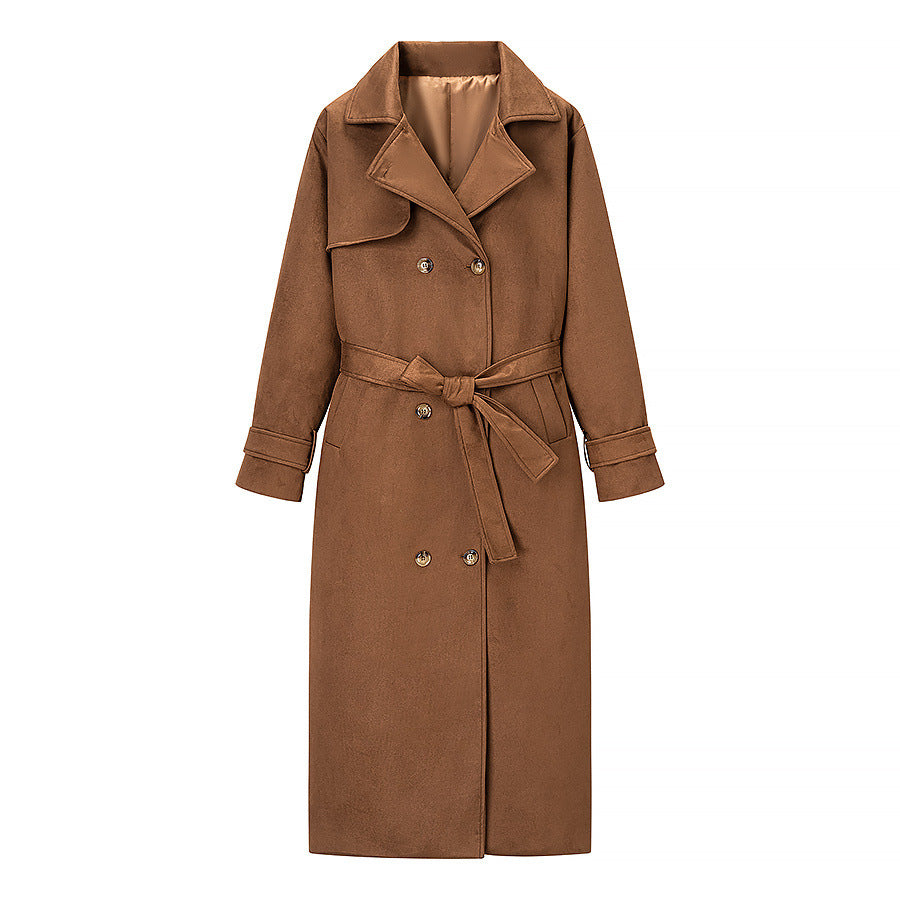Suede texture long double breasted coat