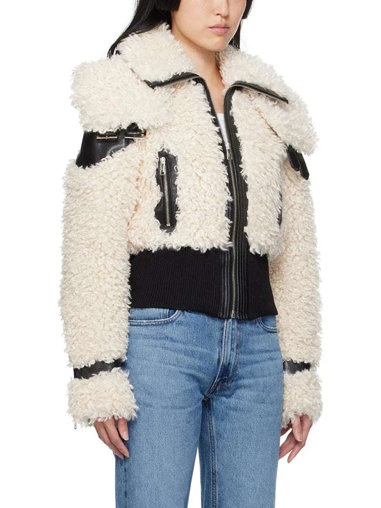 Colorblock Patchwork Leather Jacket For Women Lapel Long Sleeve Spliced Zipper Streetwear Jackets Female Fashion