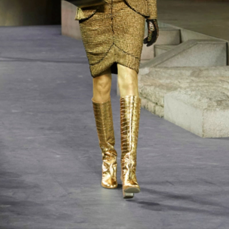 Crocodile Pattern Golden  Knee High  Boots   Leather Shoes