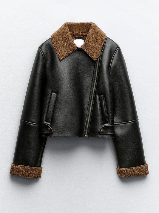 New Autumn Winter Women Streetwear Suede Lambs Moto Biker Short Coat Lady Vintage Fashion Faux Leather Lamb Fur Jacket