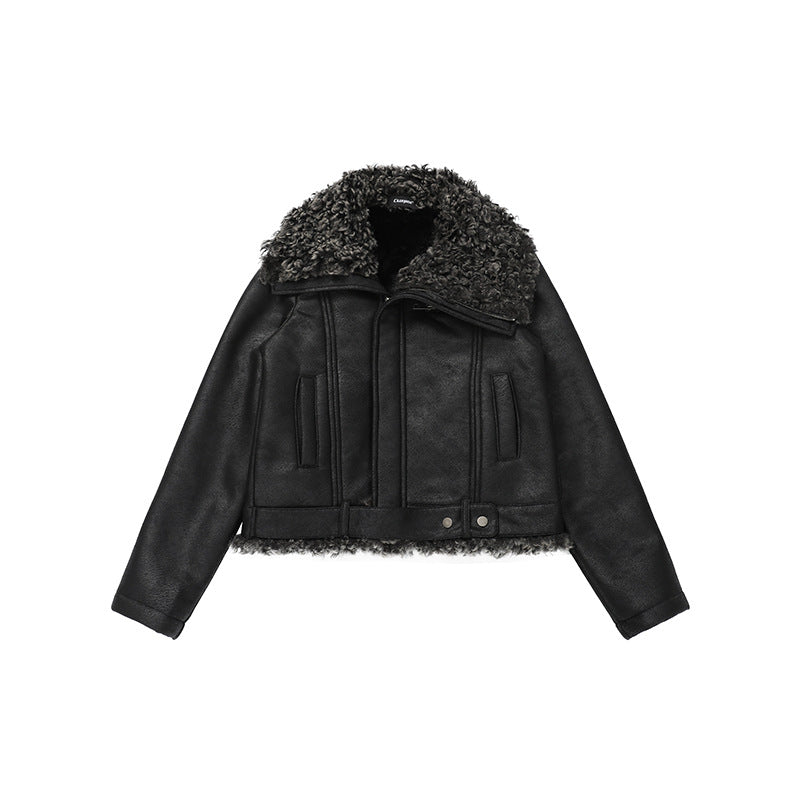 Collar Turn-Down Lapel Biker Leather Jacket with Lining Women's Thick Warm Coat