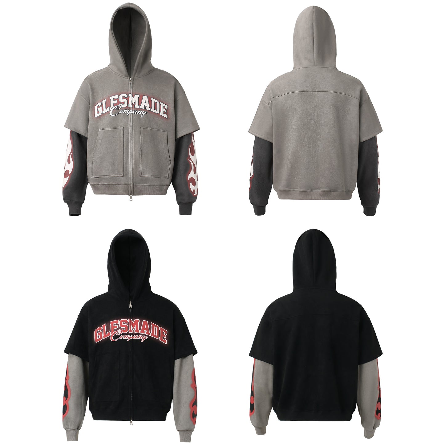 Style Trendy Faux Suede Vintage Two-Piece Print Design Short Wide Men's Hooded Zip-Up Sweatshirt