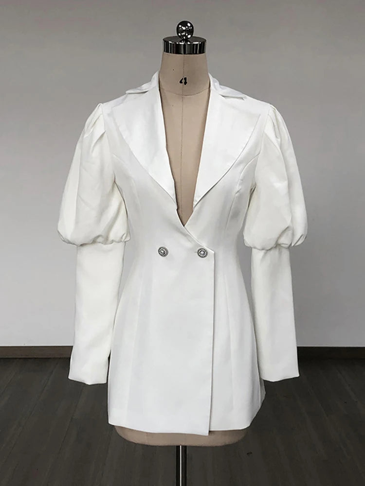 Spliced Button Solid Dresses For Women V Neck Lantern Sleeve Tunic Temperament Chic Elegant Dress Female Fashion