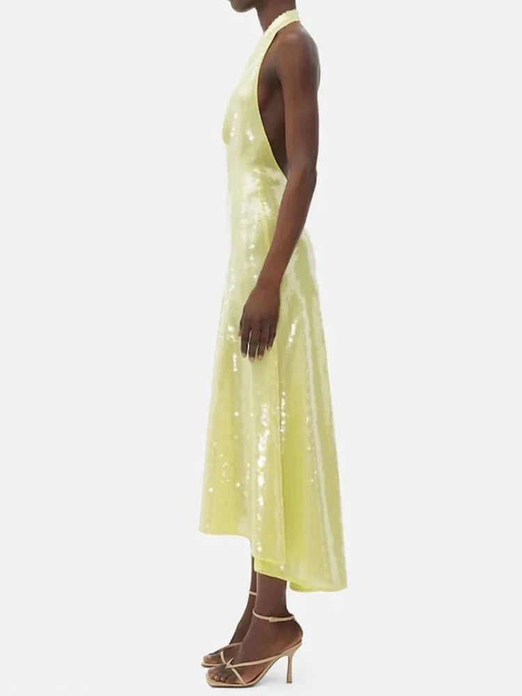 Fashion Women's Dress Hatler Sleeveless Lemon Yellow Sequin High Waist Backless Mid-calf Dresses Autumn  New