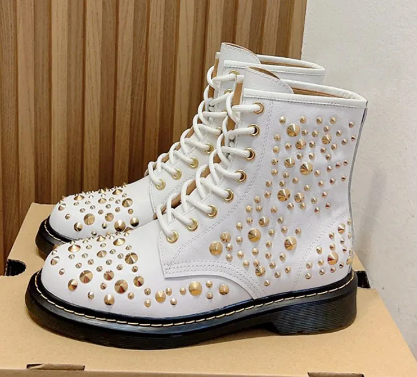 Genuine leather round head retro flat bottom rivet tie up short boots Martin boots high top shoes
