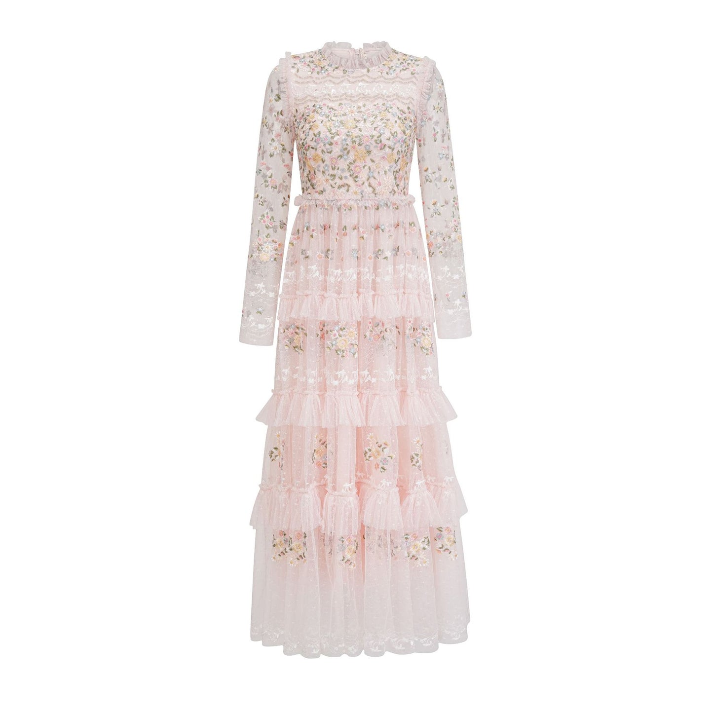 Elegant Floral Embroidery Flared Long Gown
