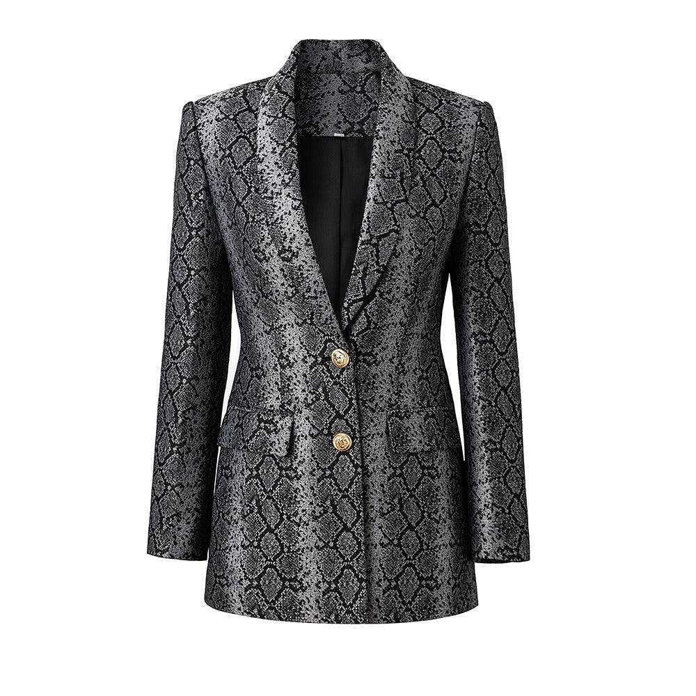 Fashionable jacquard leather mid-length two-button cross-border blazer long top
