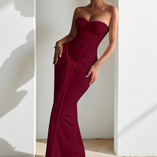 New long evening gown with a waist-cinching, figure-flattering chiffon strapless dress