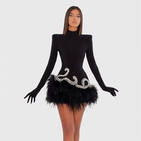 Feather Skirt Black Shoulder Padded Short Dress