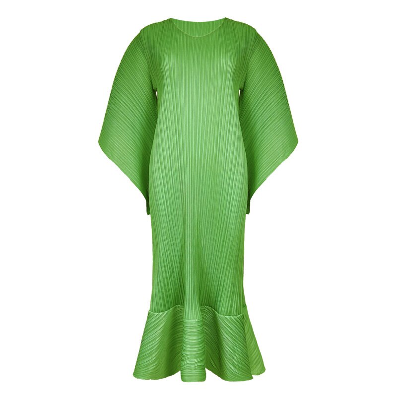Pleated Dress Women's O-neck Casual Loose Flowy Sleeve 2023 Summer Female New Fashion Solid Color Fish Tail Dresses