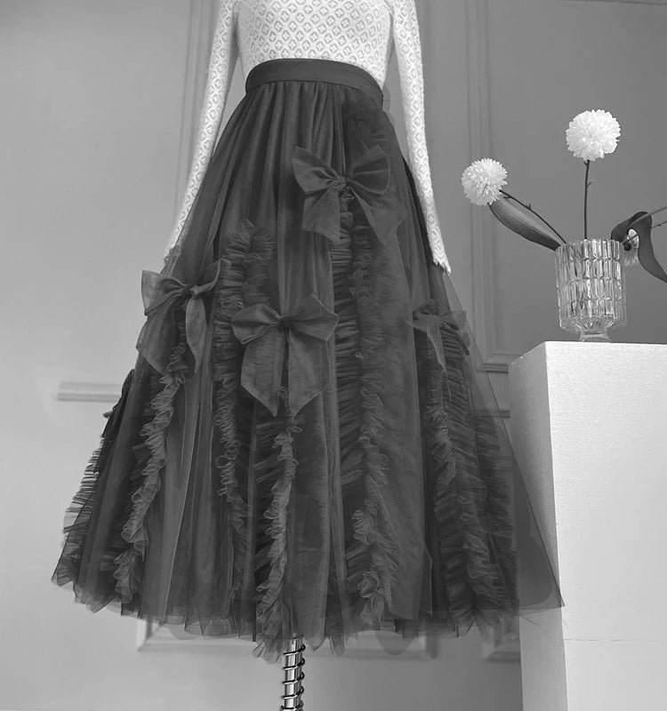 High-End Mesh Long Skirt Handmade Bow Gauze Skirt Fairy High Waist Slimming Umbrella Skirt Designer Model Skirt Evening Dresses