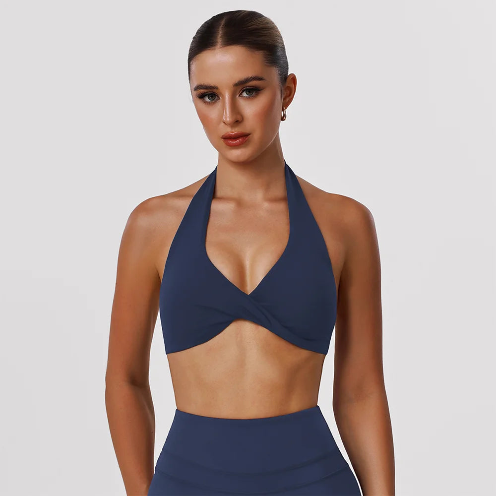 Women Fitness Gym Bra Twist Halter Backless Training Top Wear V-Neck