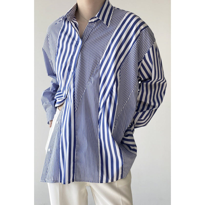 Women's Stripe Shirt Lapel Long Sleeves Single Breasted Irregular Spliced Blue Blouses Autumn