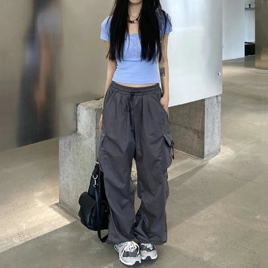 Women Casual Cargo Pant Solid Low Waist Drawstring Big Pockets Wide