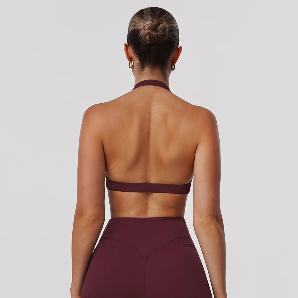 Women Fitness Gym Bra Twist Halter Backless Training Top Wear V-Neck