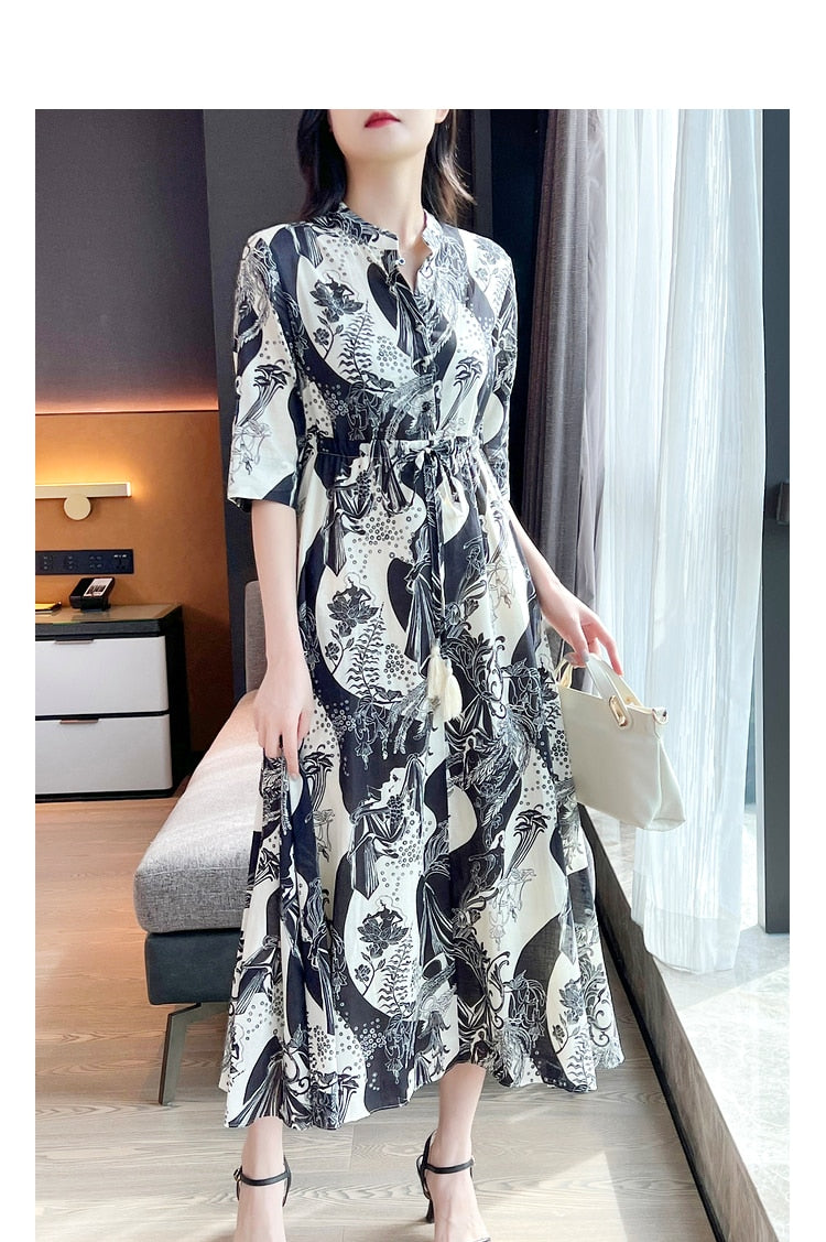 Tingfly Women Fashion Vintage Floral Print Shirt Dresses Drawstring Waist with Tassel Belt Lady Office Work Dress Midi Long Robe