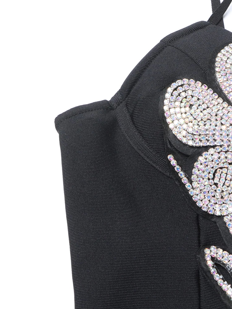 Solid Patchwork Diamonds Slimming Sexy Dresses For Women Square Collar Sleeveless High Waist Irregular Dress Female