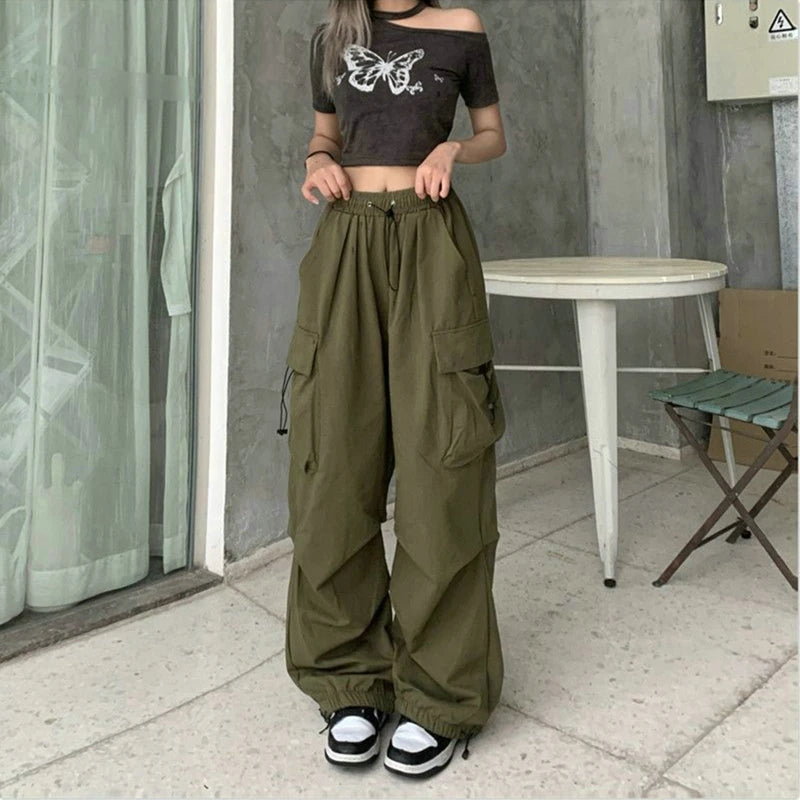 Women Casual Cargo Pant Solid Low Waist Drawstring Big Pockets Wide