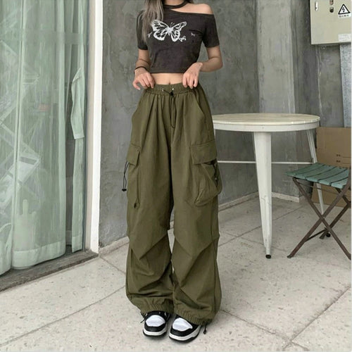 Women Casual Cargo Pant Solid Low Waist Drawstring Big Pockets Wide