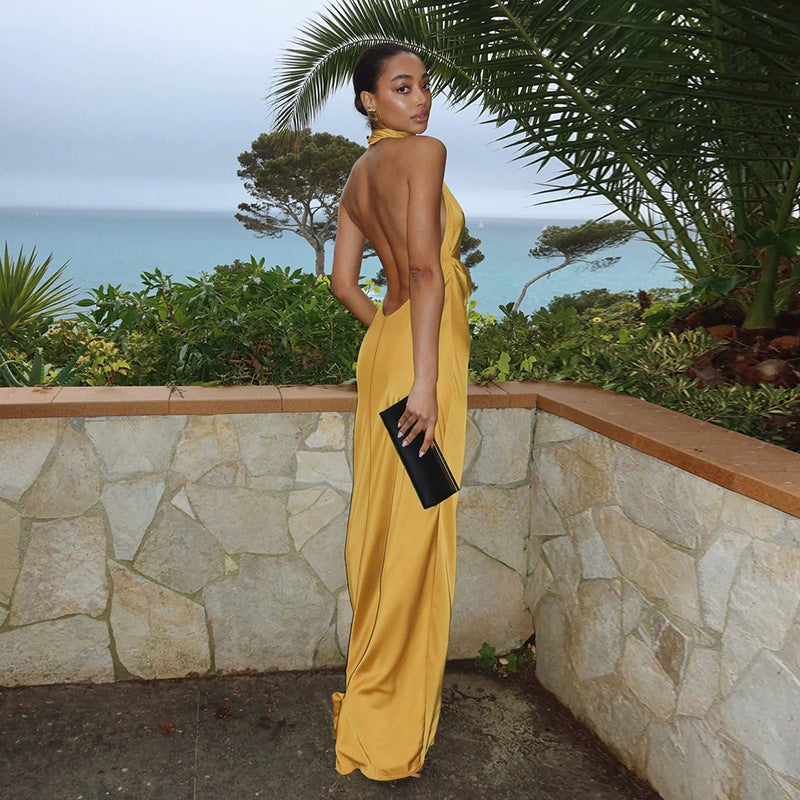 Halter Neck Satin Sexy Backless Evening Dress Women's Long Gown