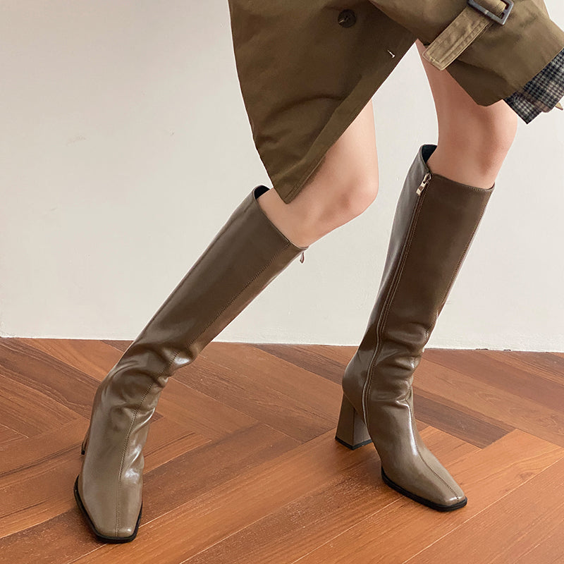 Meotina Women Genuine Leather Knee High Boots Square Toe Thick High Heel Zipper Ladies Fashion Long Boot Autumn Winter Shoes