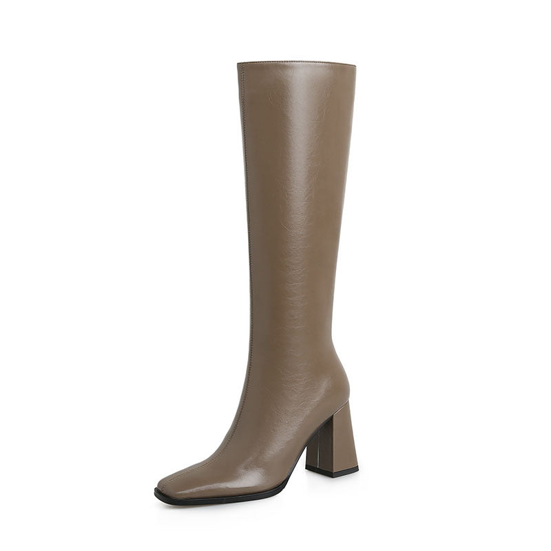 Meotina Women Genuine Leather Knee High Boots Square Toe Thick High Heel Zipper Ladies Fashion Long Boot Autumn Winter Shoes