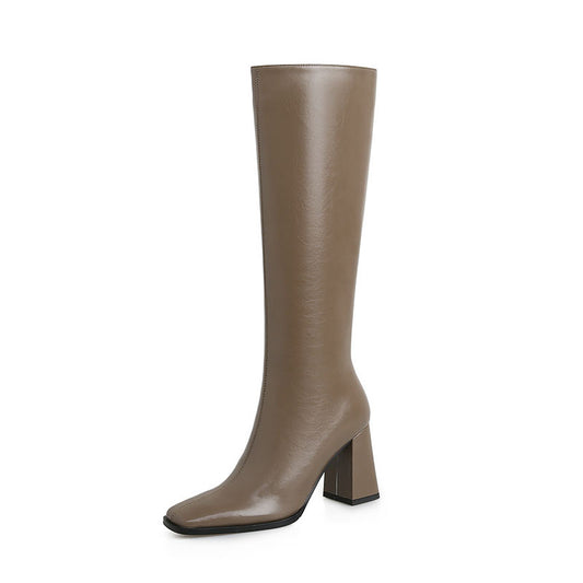 Meotina Women Genuine Leather Knee High Boots Square Toe Thick High Heel Zipper Ladies Fashion Long Boot Autumn Winter Shoes