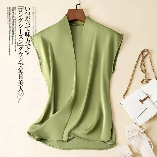 Acetate V-Neck Loose Solid Casual Korean Fashion Women's Blouse Shirt Sleeveless Pullover Blouses Tops Summer Spring