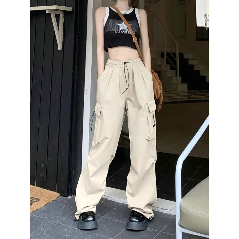 Women Casual Cargo Pant Solid Low Waist Drawstring Big Pockets Wide
