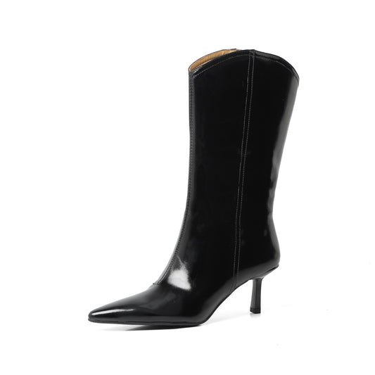 Fashion Western Women Mid-Calf Boots Pointed Toe Thin High Heels Office Lady Shoes Woman Genuine Leather Autumn Winter