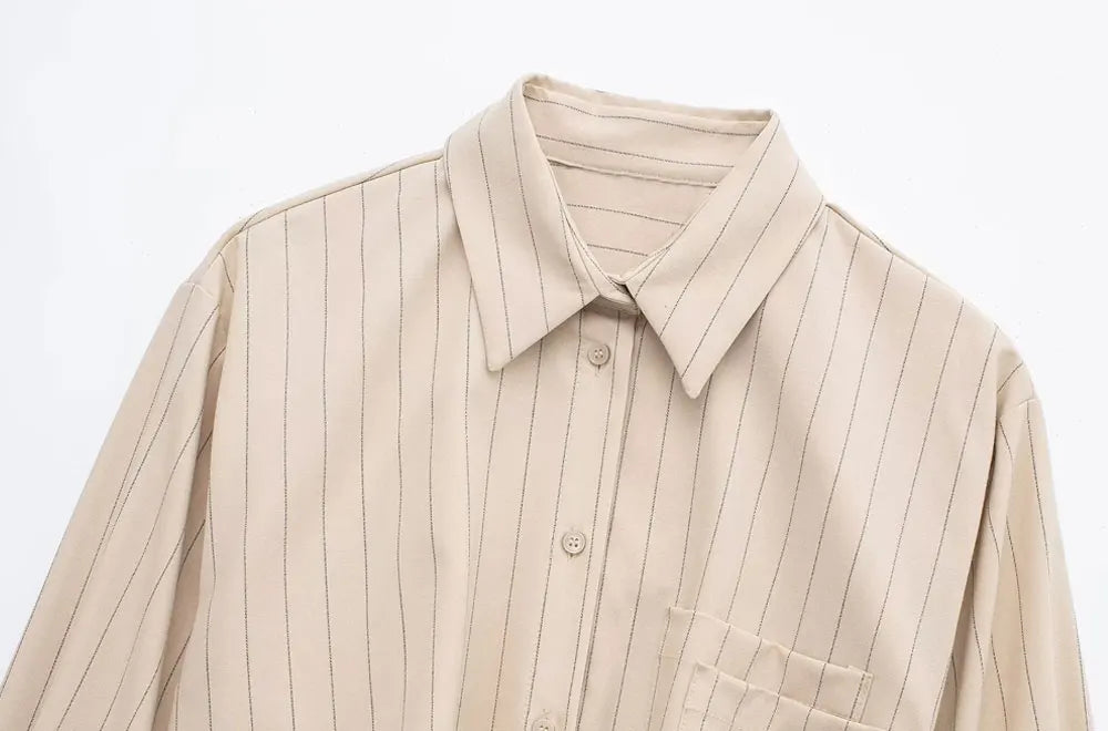 Women Fashion With Pocket Pinstripe Crop Shirts Vintage Long Sleeve Front Button Female Blouses Blusas Chic Tops