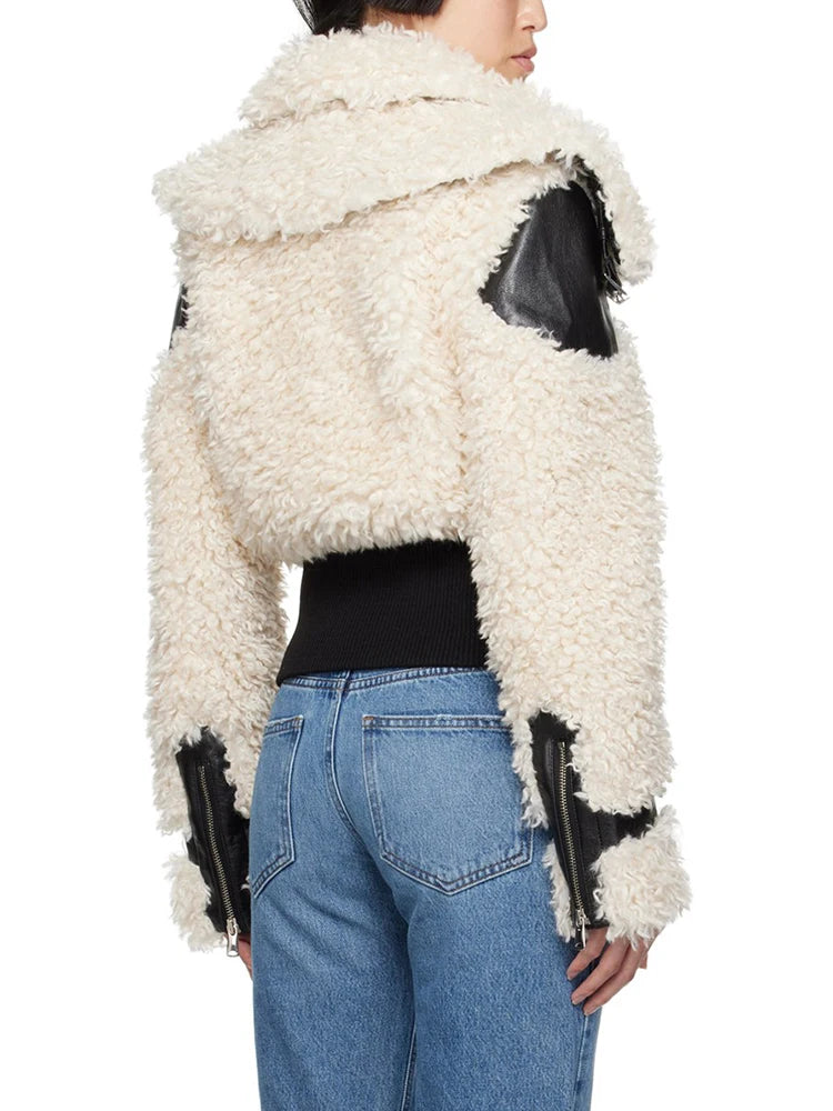 Colorblock Patchwork Leather Jacket For Women Lapel Long Sleeve Spliced Zipper Streetwear Jackets Female Fashion