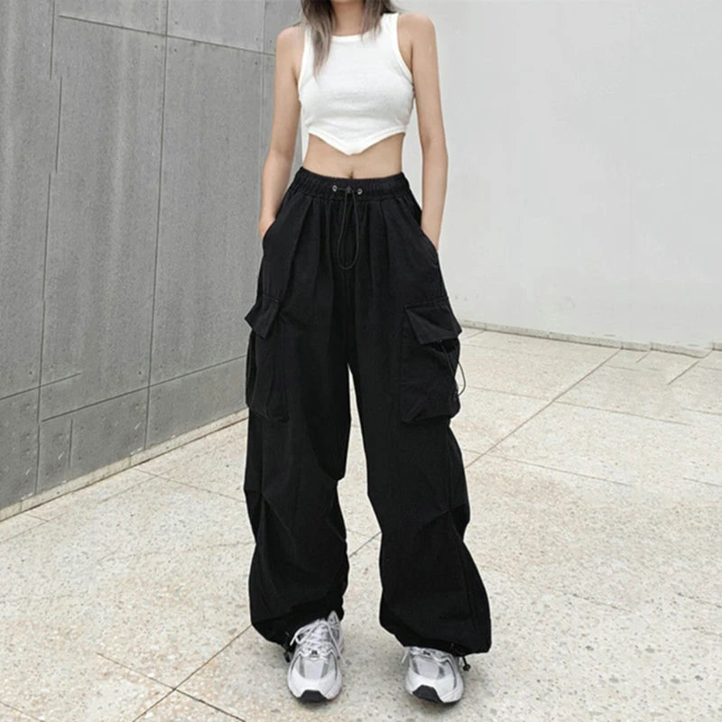 Women Casual Cargo Pant Solid Low Waist Drawstring Big Pockets Wide