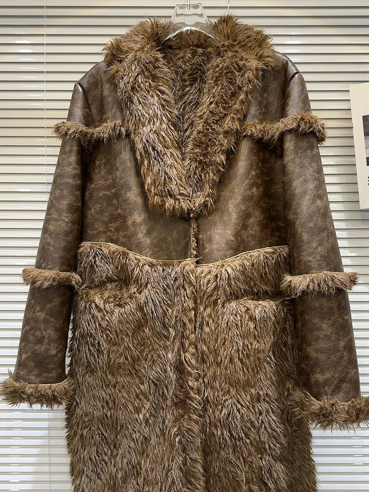 Trendy Fashion Women's Faux Fur Plush Spliced Leather Coat  Winter New Items Long Sleeves Trench Jacket Female