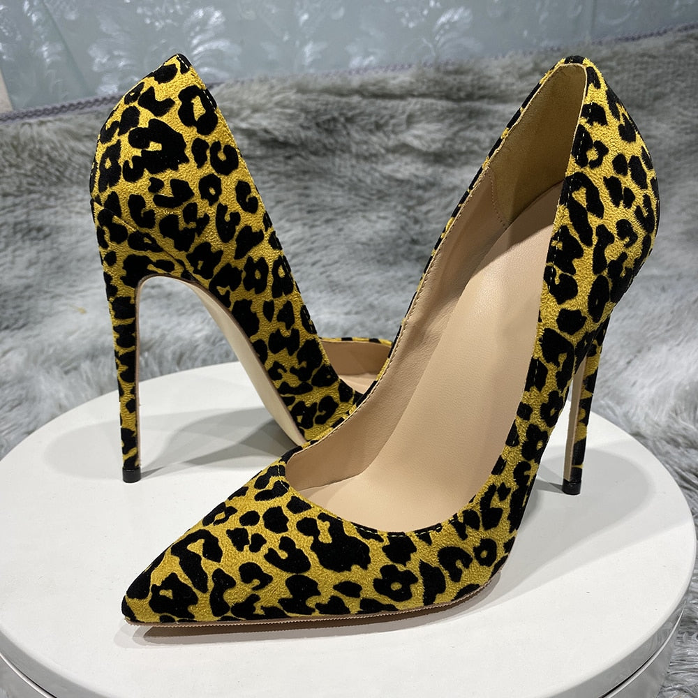 Synthetic Suede Flock Women Leaopard Pointy Toe High Heel Shoes Sexy Celebrity Party Stilettto Pumps 8cm 10cm 12cm